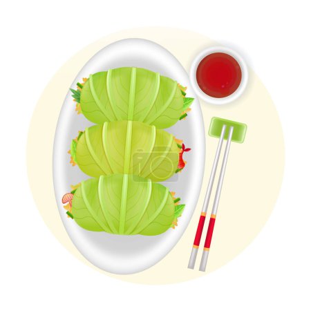 Téléchargez les illustrations : Nourriture chinoise, illustration 3D de rouleaux de printemps au chou avec sauce soja - en licence libre de droit