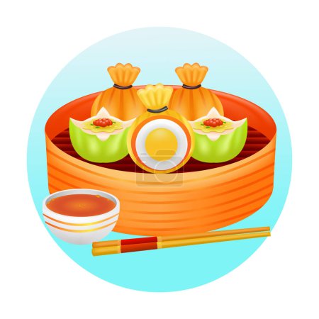 Téléchargez les illustrations : Nourriture chinoise, illustration 3D de la nourriture dim sum remplie d'œufs dans un panier à vapeur en bambou - en licence libre de droit