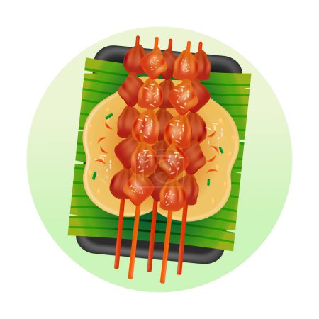Téléchargez les illustrations : Nourriture indonésienne, illustration 3D de satay de viande sur une base de feuille de banane - en licence libre de droit