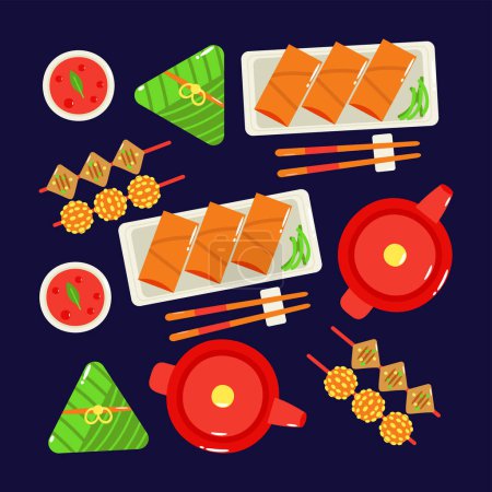 Téléchargez les illustrations : De la nourriture chinoise. Rouleaux de printemps frits, collations et modèle de thé - en licence libre de droit