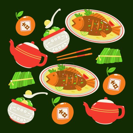 Ilustración de Comida china. Pescado a la parrilla, bolitas de masa dulce y una olla de té - Imagen libre de derechos