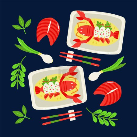 Téléchargez les illustrations : Fruits de mer chinois, homard cuit à la vapeur et thon frais - en licence libre de droit