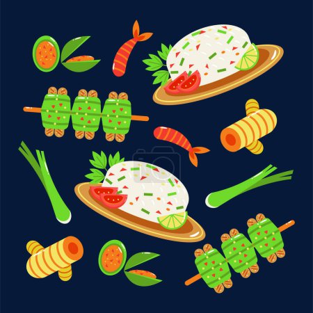 Illustration for Thai food, pandan leaf grilled chicken and seafood fried rice pattern - Royalty Free Image