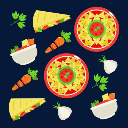 Ilustración de Comida mexicana. Quesadilla, tortillas fritas, zanahoria y ajo patrón - Imagen libre de derechos