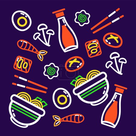 Téléchargez les illustrations : De la nourriture japonaise. Ramen, sauce soja, oeuf et crevettes motif contour - en licence libre de droit