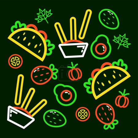 Illustration for Mexican food, fried cheese sticks and tacos outline pattern - Royalty Free Image