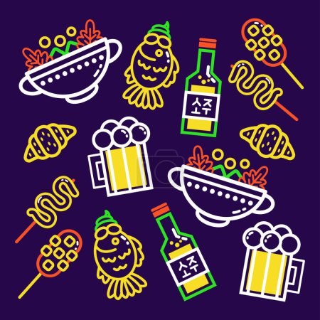 Illustration for Korean food. Kimchi, corn hot dogs, buns and a bottle of rice wine outline pattern - Royalty Free Image