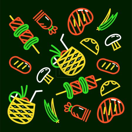 Illustration for Mexican food. Pineapple juice, tacos and barbecue outline pattern - Royalty Free Image