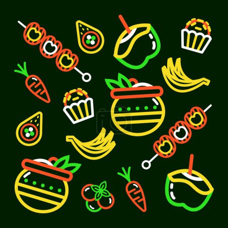 Illustration for Brazilian food. Young coconut water, barbecue, soup and snacks outline pattern - Royalty Free Image