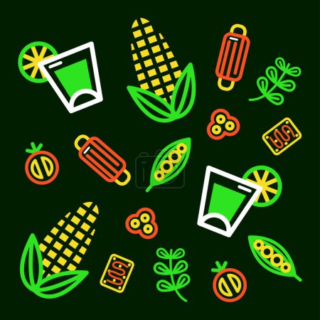 Téléchargez les illustrations : De la nourriture mexicaine. Modèle de contour de maïs, de saucisse et de tequila - en licence libre de droit