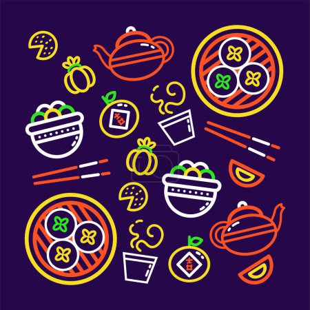 Téléchargez les illustrations : De la nourriture chinoise. Schéma des petits pains cuits à la vapeur, du thé et des boulettes sucrées - en licence libre de droit