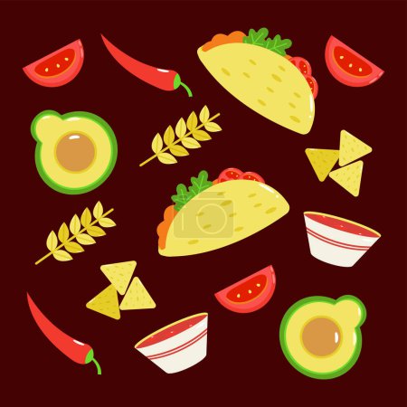 Illustration for Mexican food. Tacos, nachos, avocado and vegetables pattern - Royalty Free Image
