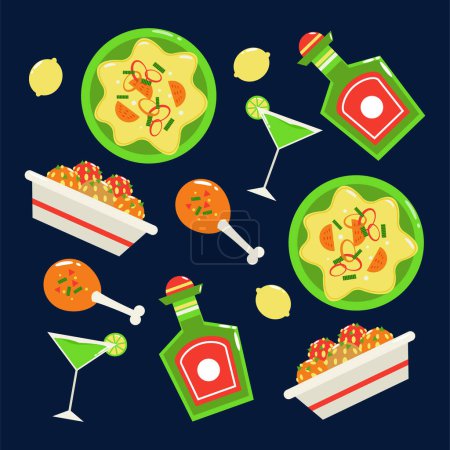 Ilustración de Comida mexicana. Patrón de albóndigas, burrito y bebida de limón - Imagen libre de derechos