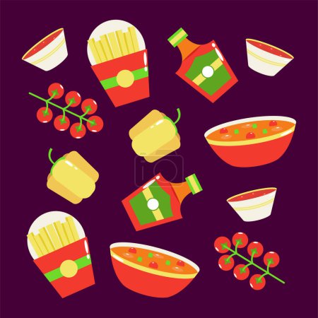 Illustration for Mexican food. French fries, porridge, ketchup and vegetables pattern - Royalty Free Image