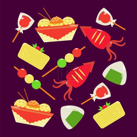 Illustration for Japanese street food. Food pattern of fried octopus, rice balls, skewer cakes, sweets and egg rolls - Royalty Free Image