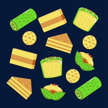 Téléchargez les illustrations : Nourriture indonésienne, chocolat et motif de biscuits à la vapeur pandan - en licence libre de droit
