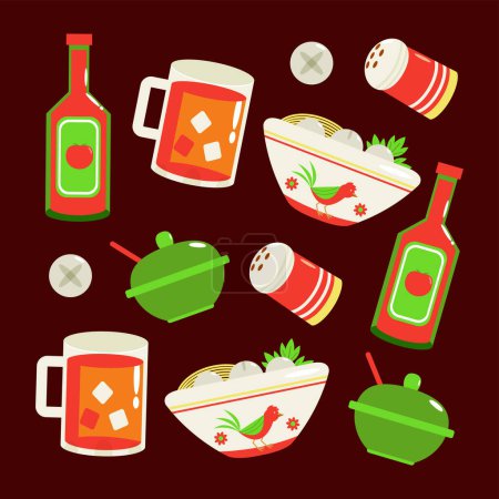 Téléchargez les illustrations : Nourriture indonésienne, boulette de viande et motif de thé doux - en licence libre de droit