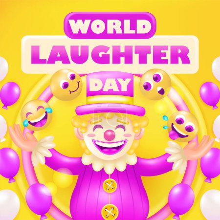 Téléchargez les illustrations : Journée mondiale du rire. Clown vectoriel 3d avec ornement de ballon et émoticône heureux - en licence libre de droit