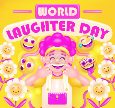 Illustration for World laughter day. 3d vector happy girl with flower ornament and happy emoticons - Royalty Free Image