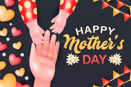 Téléchargez les illustrations : Joyeuse fête des mères, vecteur 3D des mains de la mère et du bébé avec des ornements d'amour et de fleurs - en licence libre de droit