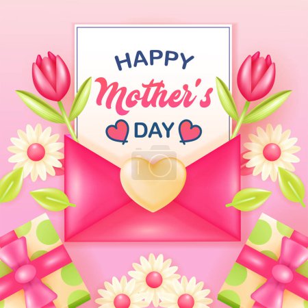 Foto de Feliz día de la madre, 3d vector de sobre y carta con adorno de flores - Imagen libre de derechos