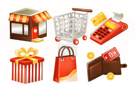Illustration for Shopping. 3d vector store, troly, billing machine, gift, shopping bag and wallet - Royalty Free Image