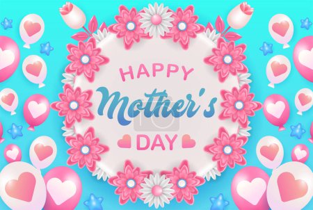 Ilustración de Feliz día de la madre, 3d corona vectorial con globos y adornos de estrellas - Imagen libre de derechos