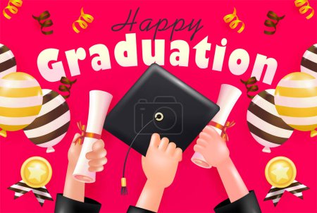 Illustration for Happy Graduation. 3d vector of a hand holding a cap and certificate, with balloon and medal ornaments - Royalty Free Image
