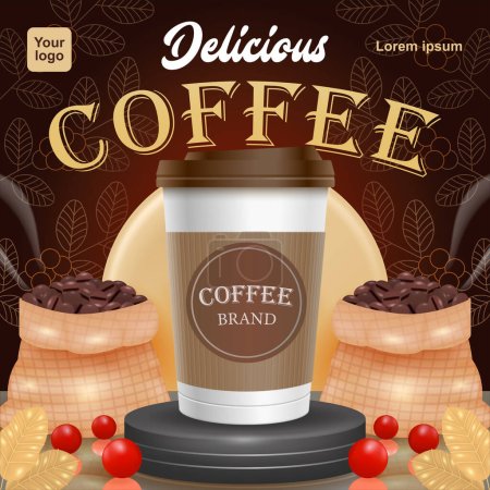 Ilustración de Café deslicous, fondo de podio vector 3d con granos de café decorativos en un saco. Se puede utilizar para el fondo del producto - Imagen libre de derechos