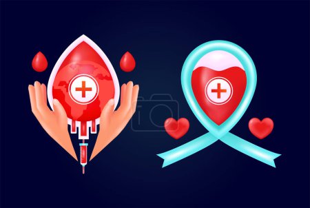 Illustration for Blood Donor Day, 3d vector elements of hands hugging blood bag and health band. Suitable for design elements - Royalty Free Image
