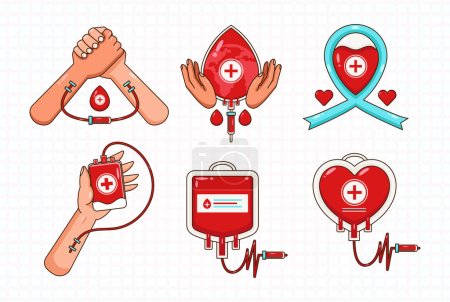 Illustration for Blood Donor Day, blood bag icon illustration, hand donate blood and health ribbon. Suitable for design elements - Royalty Free Image