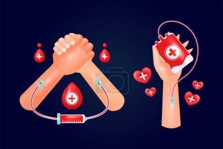 Illustration for Blood Donor Day, 3d vector of giving blood to save lives. Giving and receiving hands to donate blood. Suitable for design elements - Royalty Free Image