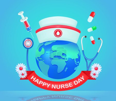Illustration for International Nurse Day. stethoscope, earth, injection and nurse cap 3d vector elements. Medical background - Royalty Free Image