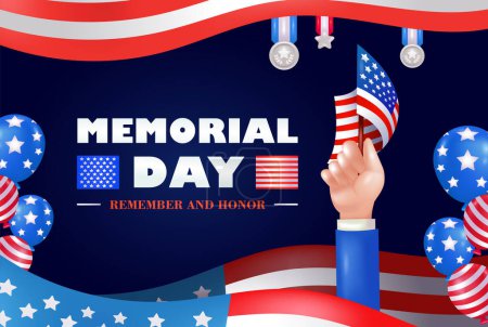 Illustration for Memorial Day - Remember and honor with United States Flag 3d vector elements, hand holding flags, balloons and medals - Royalty Free Image