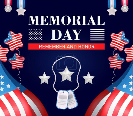 Illustration for Memorial Day - Remember and honor with 3d vector elements of the United States flag, dogtags, balloons and medals - Royalty Free Image