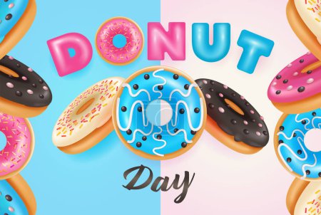 Donut Day Feiertag. Schokolade, Stawbery und Vanille Donut 3D-Vektorillustration geeignet für Event, Werbung, Banner, Plakat und Designelement
