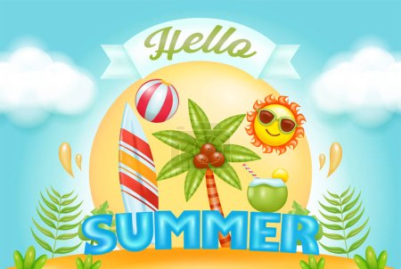 Illustration for Hello summer. Summer beach vector design by the sea with surfboards, sun and coconut trees. Summer background 3d vector illustration suitable for beach holidays - Royalty Free Image