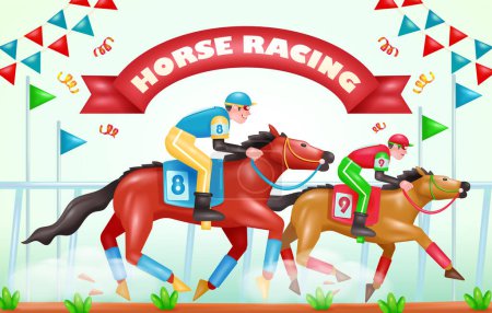 Téléchargez les illustrations : Course de chevaux. Illustration vectorielle 3d Deux chevaux de course en compétition sur l'hippodrome - en licence libre de droit