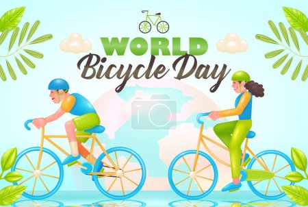 Téléchargez les illustrations : Jeune couple à vélo pour la journée mondiale de vélo et la journée sans voiture, thème frais dans le concept d'illustration vectorielle 3D - en licence libre de droit