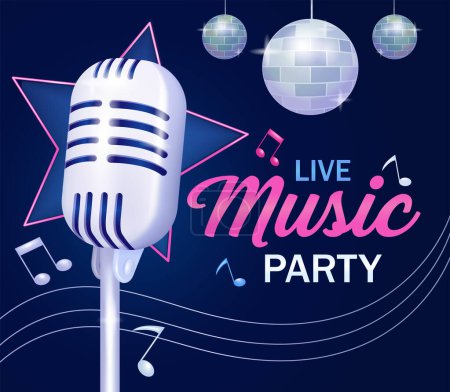 Illustration for Vintage microphone with beautiful disco ball ornament and stars background. Perfect for music event posters or banners - Royalty Free Image