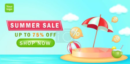 Illustration for Summer Sale Banner. Podium in the middle of the sea, beach umbrella, 3d text ball discount word element. Podium with summer and beach theme. Suitable for ad templates - Royalty Free Image