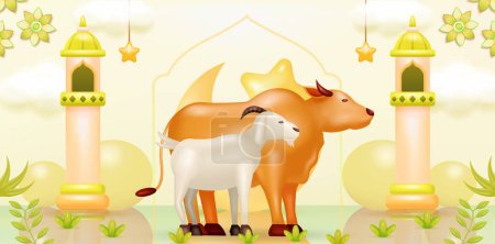 Téléchargez les illustrations : Aïd al-Adha vecteur 3d. Illustration de chèvres et de vaches d'origine islamique et arabe pour le Festival de la communauté musulmane. La fête islamique. Parfait pour les bannières et les actifs de design - en licence libre de droit