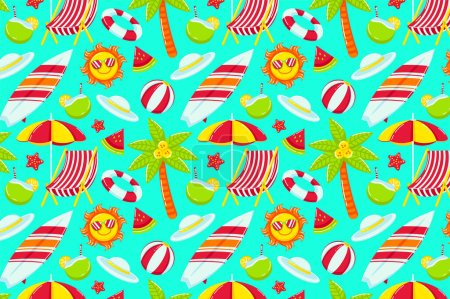 Illustration for Beach Themed Summer Seamless Pattern. Beach chair, coconut tree, umbrella, ball, lifebuoy, hat, sun and watermelon. Perfect for design assets and backgrounds - Royalty Free Image