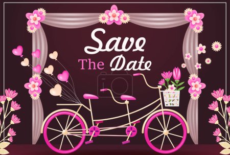 Illustration for Wedding invitation. 3d illustration of double couple bicycle with flower and heart balloon, modern card design with pink floral frame and fabric wedding arch on dark red background - Royalty Free Image