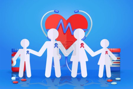 Illustration for Family in paper cut shape, with medical stethoscope and heartbeat background. 3d vector health insurance concept - Royalty Free Image