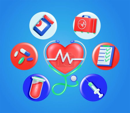 Illustration for Vector 3d style medical equipment and stethoscope examination heartbeat medical doctor concept. Health and wellness - Royalty Free Image