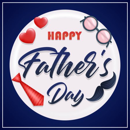 Illustration for Happy Father's Day poster or banner template, with vector 3d glasses, tie, heart and mustache elements. Perfect for greetings and gifts for Father's Day - Royalty Free Image