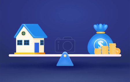 Ilustración de Inversión inmobiliaria o seguro. Vector modelo 3d de una casa y una bolsa de saldo de dinero en un balancín - Imagen libre de derechos