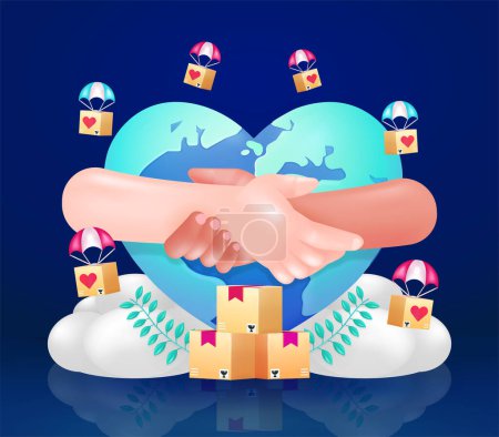 Illustration for World Humanitarian Day, a pair of hands holding each other with a donation box element descending by parachute, against a heart-shaped earth background - Royalty Free Image