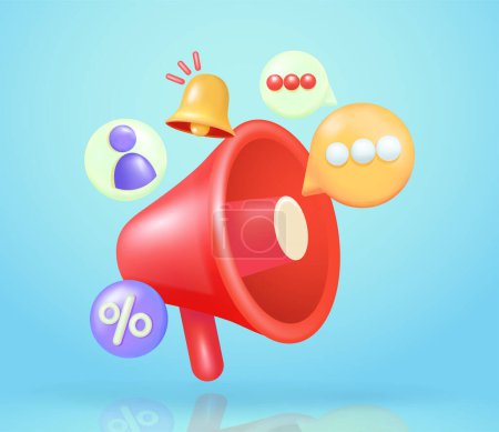 Illustration for Megaphone speaker with notification bell icon, profile, discound and text balloon icon 3d vector elements. Perfect for promotional notices and social media - Royalty Free Image